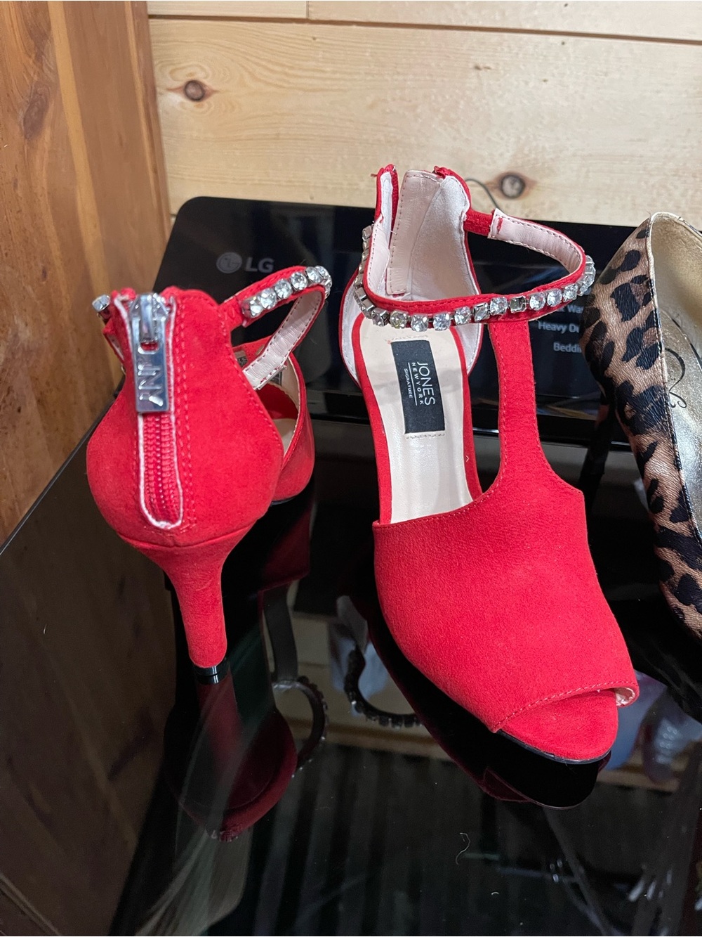Jones New York Red Suede T-Strap Heels with Rhinestone Ankle Strap